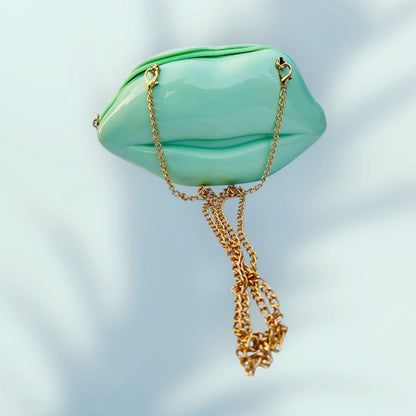 Beautiful Lips Shape PVC  C Green Sling Purse with Long Chain Belt