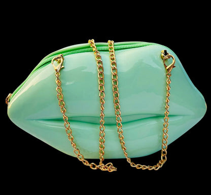 Beautiful Lips Shape PVC  C Green Sling Purse with Long Chain Belt